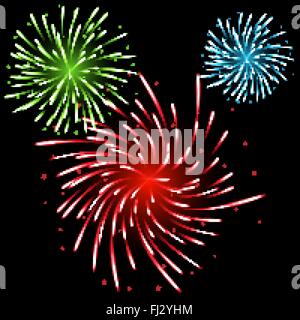 Modellato festosi fuochi d' artificio che esplodevano in varie forme scintillante pittogrammi impostato su sfondo nero vettore astratto Illustrazione Vettoriale