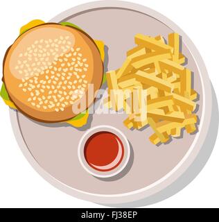 Hamburger e patatine fritte isolato su bianco. Illustrazione Vettoriale. Illustrazione Vettoriale
