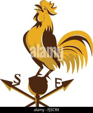 Illustrazione vettoriale di un gallo galletto incoronazione appollaiate su banderuola visto dal basso angolo fatto in stile retrò. Illustrazione Vettoriale