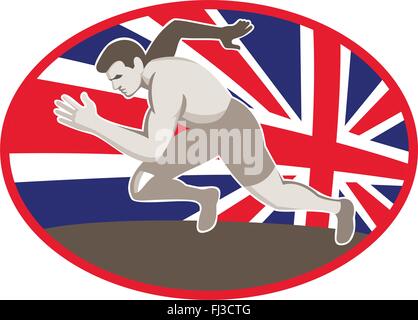 Illustrazione vettoriale di un maschio di runner via e il campo sportivo con unione jack gran bretagna british bandiera in background imposta all'interno di forma ovale. Illustrazione Vettoriale