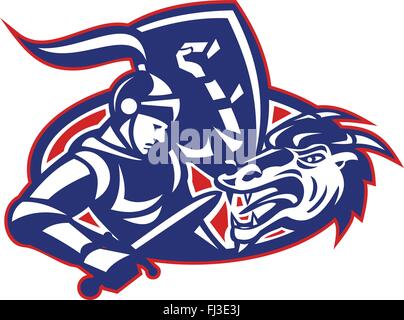 Illustrazione vettoriale di un cavaliere st. george drago combattimenti con spada e scudo imposta all'interno di ellisse fatto in stile retrò. Illustrazione Vettoriale
