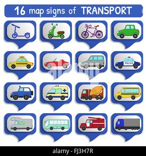 Mappa set di segno del trasporto urbano in diversi colori Illustrazione Vettoriale