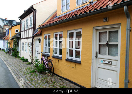 Strada di ciottoli, Aalborg Città Vecchia, a nord dello Jutland, Danimarca e Scandinavia Foto Stock