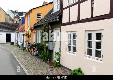 Strada di ciottoli, Aalborg Città Vecchia, a nord dello Jutland, Danimarca e Scandinavia Foto Stock