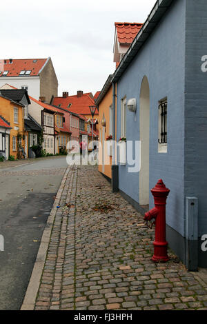 Strada di ciottoli, Aalborg Città Vecchia, a nord dello Jutland, Danimarca e Scandinavia Foto Stock