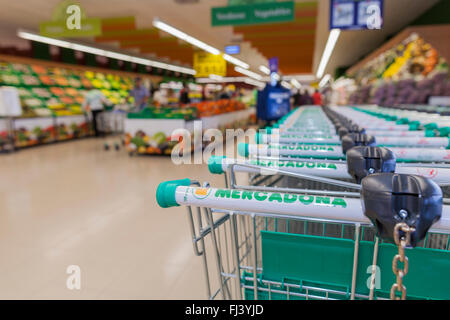 Puerto Santiago, Tenerife, Spagna. Il 29 febbraio 2016. Mercadona spagnola della catena di supermercati si apre un nuovo grande negozio nella zona turistica di Puerto Santiago di catering per la locale popolazione delle Canarie nonché le molte migliaia di visitatori provenienti dall'estero che visitare il famoso resort a ovest di Tenerife. Il nuovo shop copre le aree da Los Gigantes a Adeje. Foto Stock