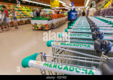 Puerto Santiago, Tenerife, Spagna. Il 29 febbraio 2016. Mercadona spagnola della catena di supermercati si apre un nuovo grande negozio nella zona turistica di Puerto Santiago di catering per la locale popolazione delle Canarie nonché le molte migliaia di visitatori provenienti dall'estero che visitare il famoso resort a ovest di Tenerife. Il nuovo shop copre le aree da Los Gigantes a Adeje. Foto Stock