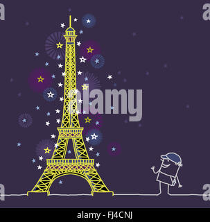 Cartoon uomo e Parigi di notte Foto Stock