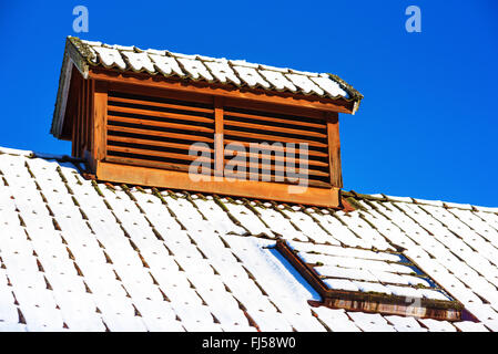 Una valvola di sfiato coperchio su un tetto costruito per assomigliare ad una piccola casa. Cielo blu in background. La neve sul tetto. Foto Stock