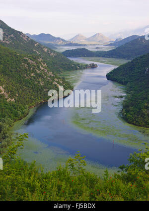 Vista da Pavlova Strana a Rijeka Crnojevica fiume, vicino lago di Skadar, Montenegro Foto Stock