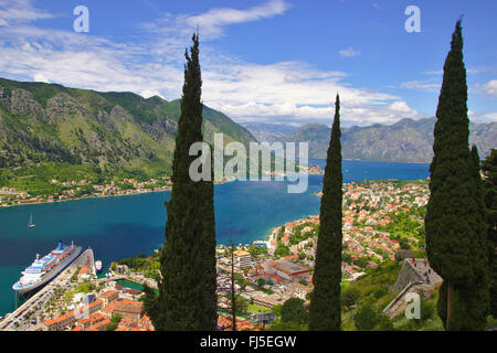Vista dalla fortezza per la città vecchia e la Baia di Kotor, Montenegro Cattaro Foto Stock