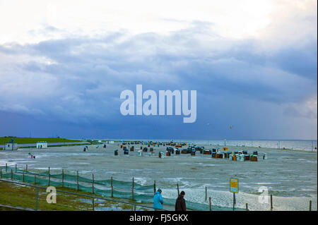 Coperto e sedie da spiaggia in vimini sulla costa del Mare del Nord, alla fine della stagione, Germania, Bassa Sassonia, Neuharlingersiel Foto Stock