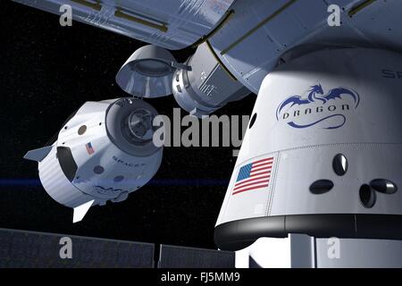 Artista concetto mostra un equipaggio SpaceX Dragon docking con la Stazione Spaziale Internazionale come sarà durante una missione per la NASA commerciale del programma dell'equipaggio. SpaceX sta sviluppando l'equipaggio Dragon in collaborazione con la NASA equipaggio commerciale Programma per ristabilire umana capacità di lancio verso la stazione spaziale internazionale da parte degli Stati Uniti. Foto Stock