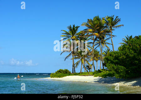 Kayak di mare nella piccola isola di Petit Tabac, Tobago Cays, Saint Vincent e Grenadine Foto Stock