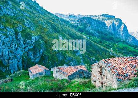 Invernales di Texu, capanne dei pastori utilizzati durante i lunghi inverni in Picos de Europa quando il bestiame verso il basso per più di altezza moderata Foto Stock