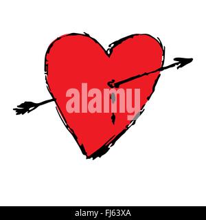 Rosso amore cuore freccia doodle mano disegno vettoriale Illustrazione Vettoriale