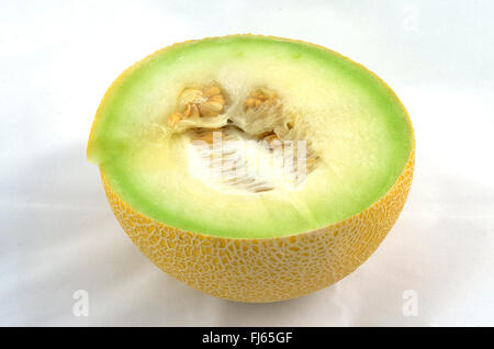 La metà di un Melone Galia su sfondo bianco Foto Stock