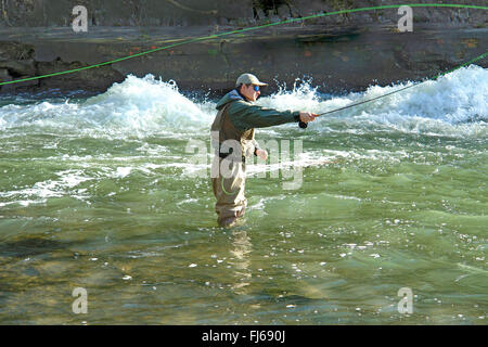 La pesca con la mosca in un fiume, GERMANIA Baden-Wuerttemberg Foto Stock