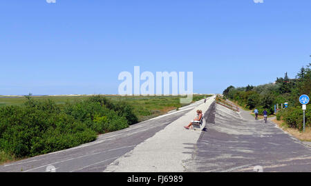 Rivestite di cemento del Mare del Nord dyke con il sentiero e pista ciclabile, Germania, Schleswig-Holstein, Frisia settentrionale, Sankt Peter-Ording Foto Stock