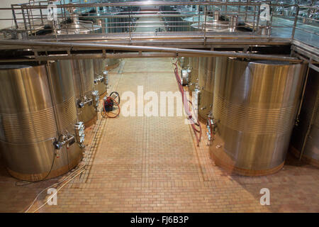 Serbatoi in acciaio inossidabile nella moderna cantina del Marchese de Riscal Rioja,Spagna Foto Stock