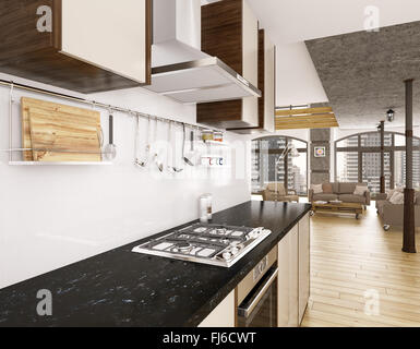 Cucina moderna in appartamento interni 3D render Foto Stock