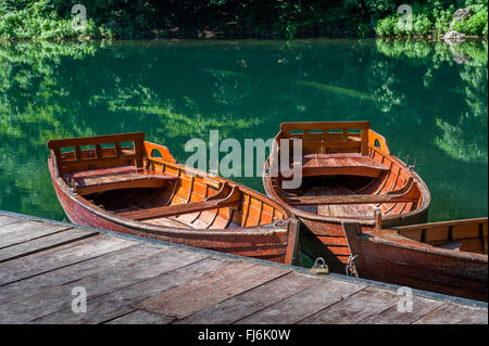 Tradizionali barche di legno al lago di foresta pier Foto Stock