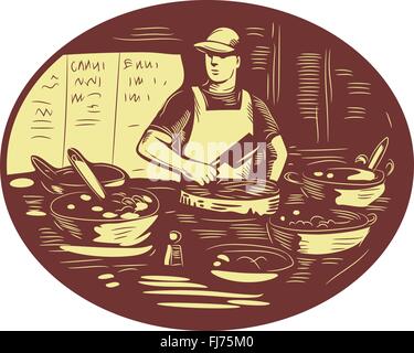 Illustrazione di un Taco chef cucinare indossando un cappello e grembiule tenendo la carne cleaver coltello in mercati alimentari di stallo con pentole imposta all'interno di forma ovale fatto in stile retrò. Illustrazione Vettoriale