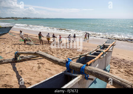 I pescatori tirando la rete dal mare, Tangalle, Sri Lanka, Asia Foto Stock