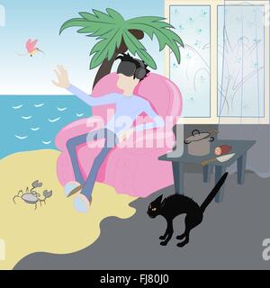 Il ragazzo nella cuffia della realtà virtuale, seduto in una sedia, una immersione completa Illustrazione Vettoriale