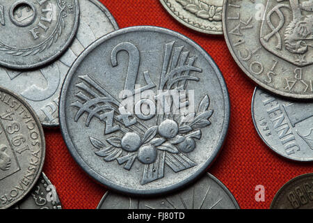 Monete di Polonia comunista. Polish Zloty due monete (1958) coniato nella Repubblica popolare di Polonia. Foto Stock