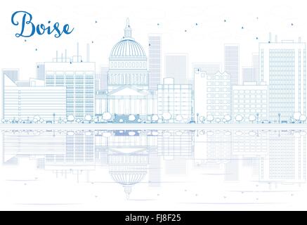 Profilo dello skyline di Boise con edifici blu e riflessi. Illustrazione Vettoriale. Viaggi di affari e turismo concept Illustrazione Vettoriale