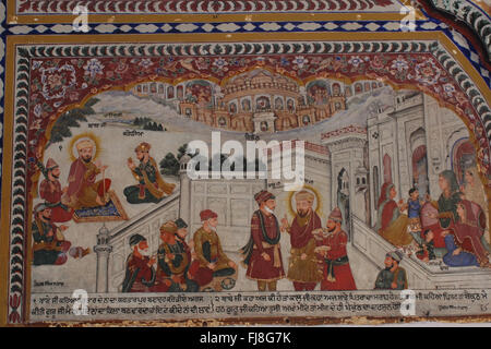 Guru Nanak Baba Nanak vecchio dipinto, Tempio d'Oro, Amritsar, Punjab, India, Asia, India, Asia Foto Stock