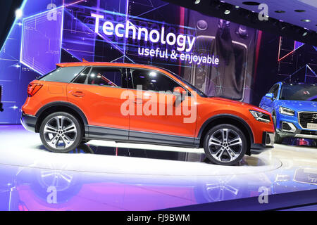 Ginevra, Svizzera. 01 Mar, 2016. La nuova Audi Q2 viene presentato durante il primo giorno di media del Geneva International Motor Show di Ginevra, Svizzera, 01 marzo 2016. Il Motor Show si svolgerà dal 03 al 13 marzo 2016. Foto: ULI DECK/dpa/Alamy Live News Foto Stock