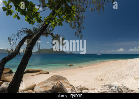 Bella bianca Nudey Beach con i turisti, snorkeling, vela passando, alcuni incredibili formazioni rocciose e le acque turchesi di Fitzroy Island e della terraferma di Cairns in background. Foto Stock