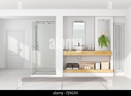 Bianco moderno bagno con lavabo sul ripiano in legno e doccia - 3D Rendering Foto Stock