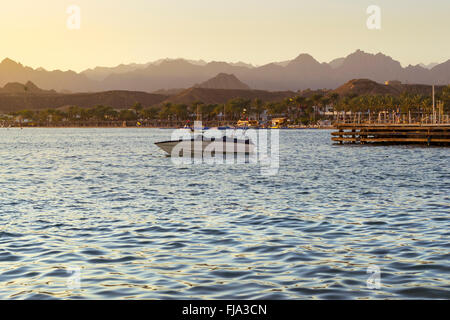 SHARM EL SHEIKH, Egitto - 28 febbraio 2014: barca nei pressi di un molo in legno sulla spiaggia la sera, la costa del mar rosso dall'hotel Foto Stock