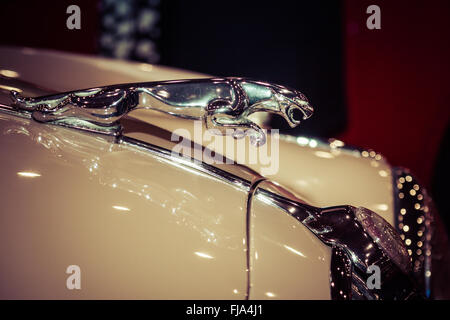 Ornamento del cofano (Jaguar nel salto) della Jaguar XK150. Stilizzazione. Tonificazione. Foto Stock