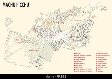 Mappa della fortezza Inca città di Machu Picchu in Perù Illustrazione Vettoriale