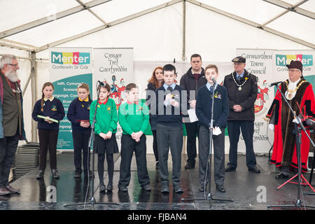 Carmarthen, Wales, Regno Unito. 1 Marzo, 2016. Carmarthen, Wales, Regno Unito. 1 Marzo, 2016. Introduzione in Welsh da parte degli alunni delle scuole al Guildhall Square, Carmarthen, Galles. Credito: Paolo Quayle/Alamy Live News Foto Stock