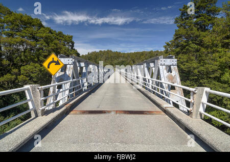 Trave ponte sul fiume Arawhata, Jackson Bay, nella costa occidentale dell'Isola del Sud della Nuova Zelanda Foto Stock