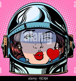 Emoticon bacio amore faccia Emoji donna astronauta retrò Illustrazione Vettoriale