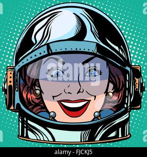 Emoticon gioia sorriso faccia Emoji donna astronauta retrò Illustrazione Vettoriale