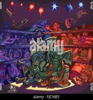 Un elefante repubblicano e un democratico asino di benna mordente in un Wrestling professionistico Arena. Illustrazione Vettoriale