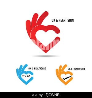 Mano creatrice e forma di cuore abstract logo design.lato simbolo Ok icon.sanitari e medici icona. Happy Valentines Day simbolo. Illustrazione Vettoriale