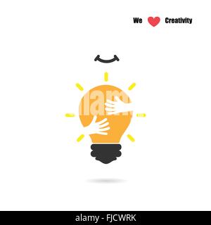 Creative lampadina luce logo design template vettoriale con piccola mano.istruzione e affari logotipo concetto. Illustrazione Vettoriale Illustrazione Vettoriale
