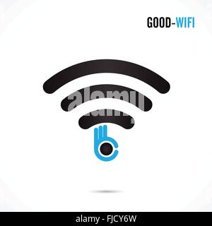 Accesso wifi e icona mano vector design.lato simbolo ok.Buona hotspot wifi icon.corporate aziendale e industriale idea. Illustrazione Vettoriale