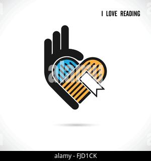 Libro creativo e cuore vettore astratto logo design.Book Store,biblioteca logo design.Learning,studio idea icona. Illustrazione Vettoriale