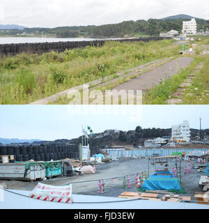 Tokyo. Il 27 febbraio, 2016. Combinazione foto scattata nel settembre 2013 (superiore) e il 27 febbraio 2016 mostra un contrasto di lo scenario di un frangiflutti in Miyagi-ken, Giappone. Giappone segnerà il quinto anniversario del 2011 il terremoto e lo tsunami, mentre i programmi di ricostruzione nel disastro-ha colpito le regioni sono lenti. © Liu Tian/Xinhua/Alamy Live News Foto Stock