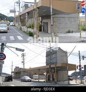 Tokyo. Il 27 febbraio, 2016. Combinazione foto scattata nel settembre 2013 (superiore) e il 27 febbraio 2016 mostra un contrasto di lo scenario di un edificio colpito dal sisma in Miyagi-ken, Giappone. Giappone segnerà il quinto anniversario del 2011 il terremoto e lo tsunami, mentre i programmi di ricostruzione nel disastro-ha colpito le regioni sono lenti. © Liu Tian/Xinhua/Alamy Live News Foto Stock