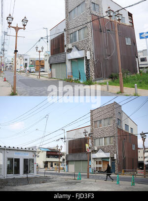 Tokyo. Il 27 febbraio, 2016. Combinazione fotografia scattata a settembre 2013 (superiore) e il 27 febbraio 2016 mostra un contrasto di lo scenario di un edificio colpito dal sisma in Miyagi-ken, Giappone. Giappone segnerà il quinto anniversario del 2011 il terremoto e lo tsunami, mentre i programmi di ricostruzione nel disastro-ha colpito le regioni sono lenti. © Liu Tian/Xinhua/Alamy Live News Foto Stock